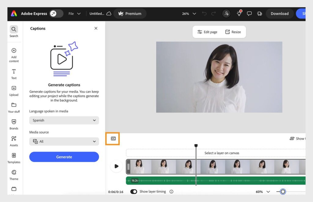Adobe Express caption settings, video preview and timeline