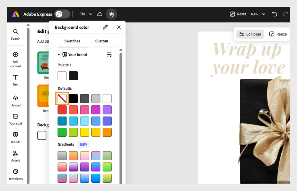 Adobe Express background controls with a gift-box design example